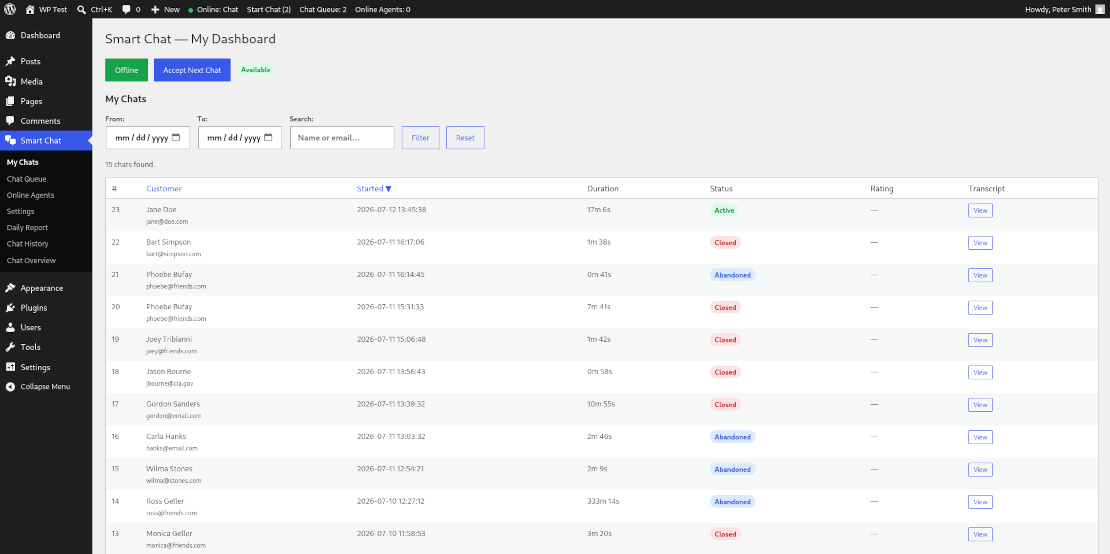 Agent dashboard