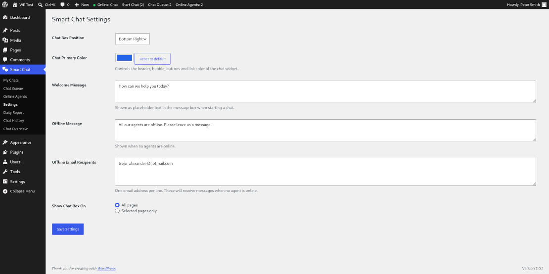 Settings page